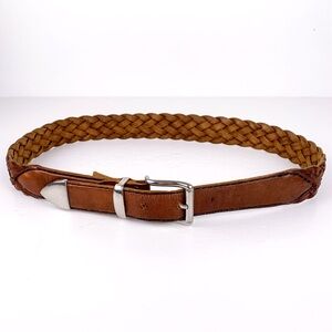 Vintage woven leather belt brown braided leather with silver hardware unbranded